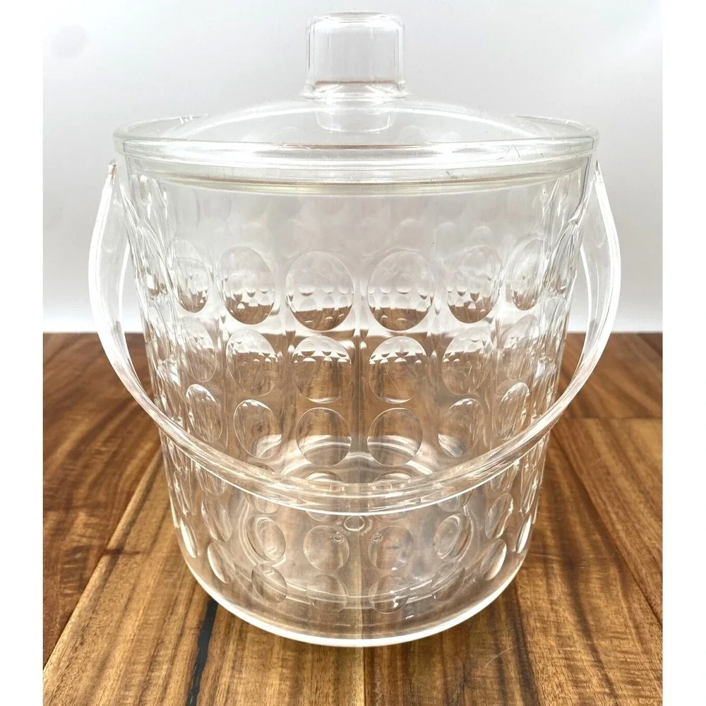 Vintage Ice Bucket With Lid Acrylic Mid Century Lucite Clear Circles 1990 US